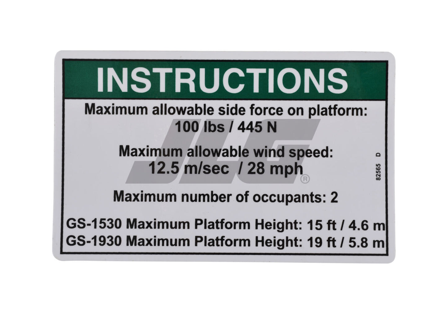 JLG INSTRICTION SIDE FRC DECAL (82565)