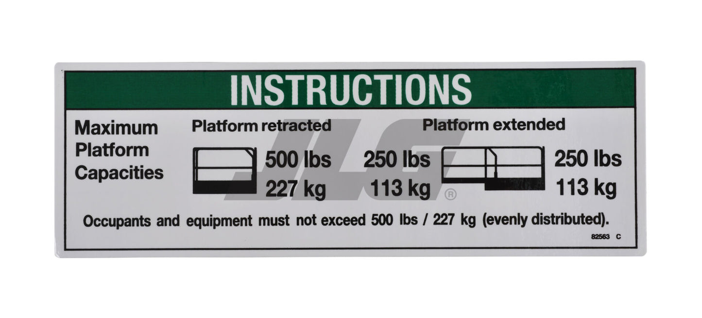 JLG INSTRUCTION MAX CAPACITY 500 LBS DECAL (82563 )