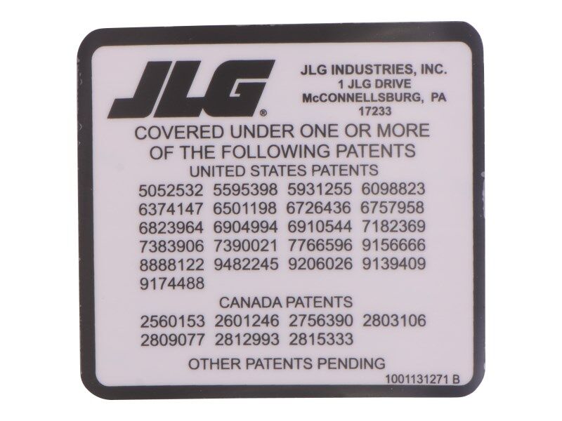 JLG PATENT, TELEHANDLER DECAL (1001131271)
